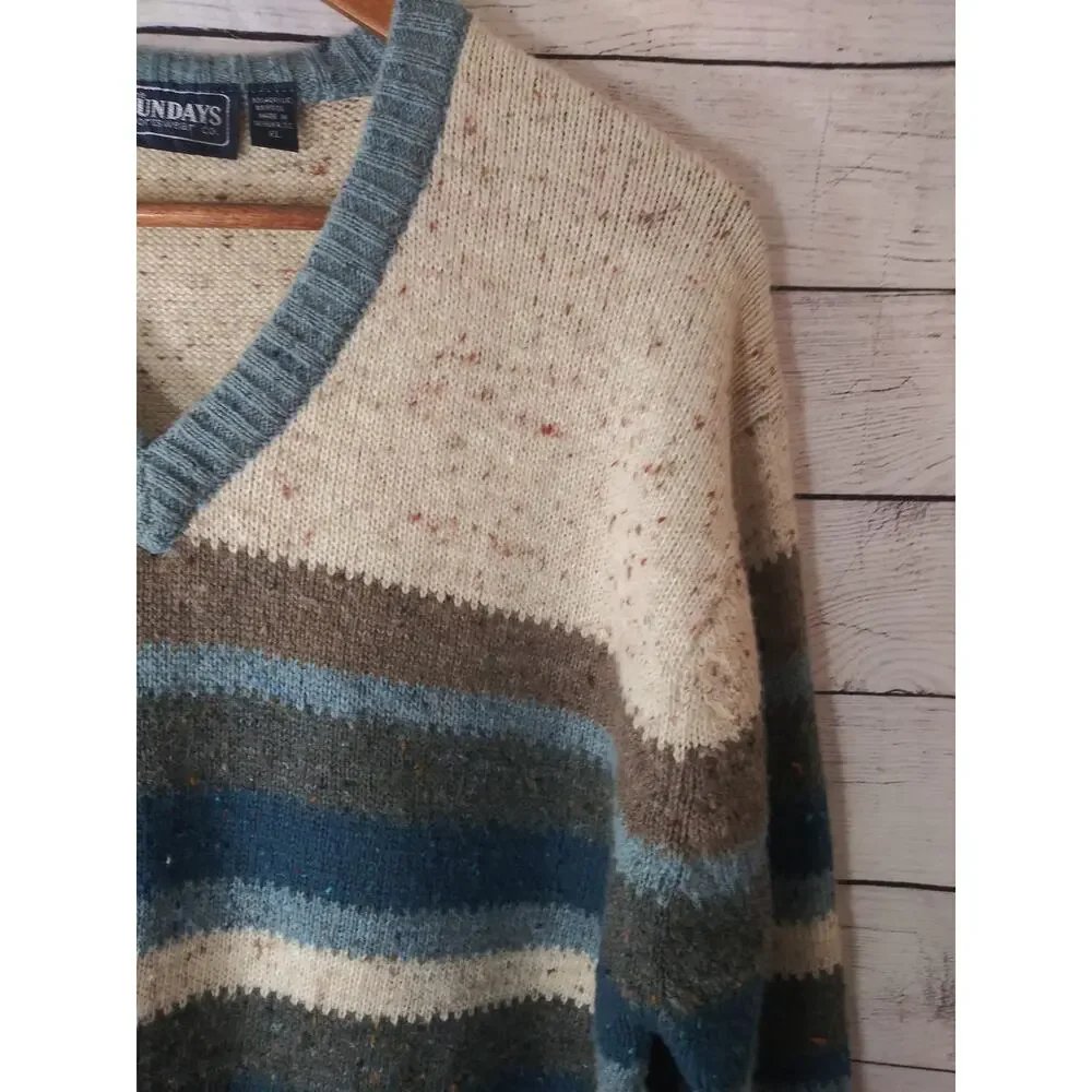 Vintage The Sundays Sportswear Co. Cream Tan Blue V-Neck Grandpa Sweater Sz XL